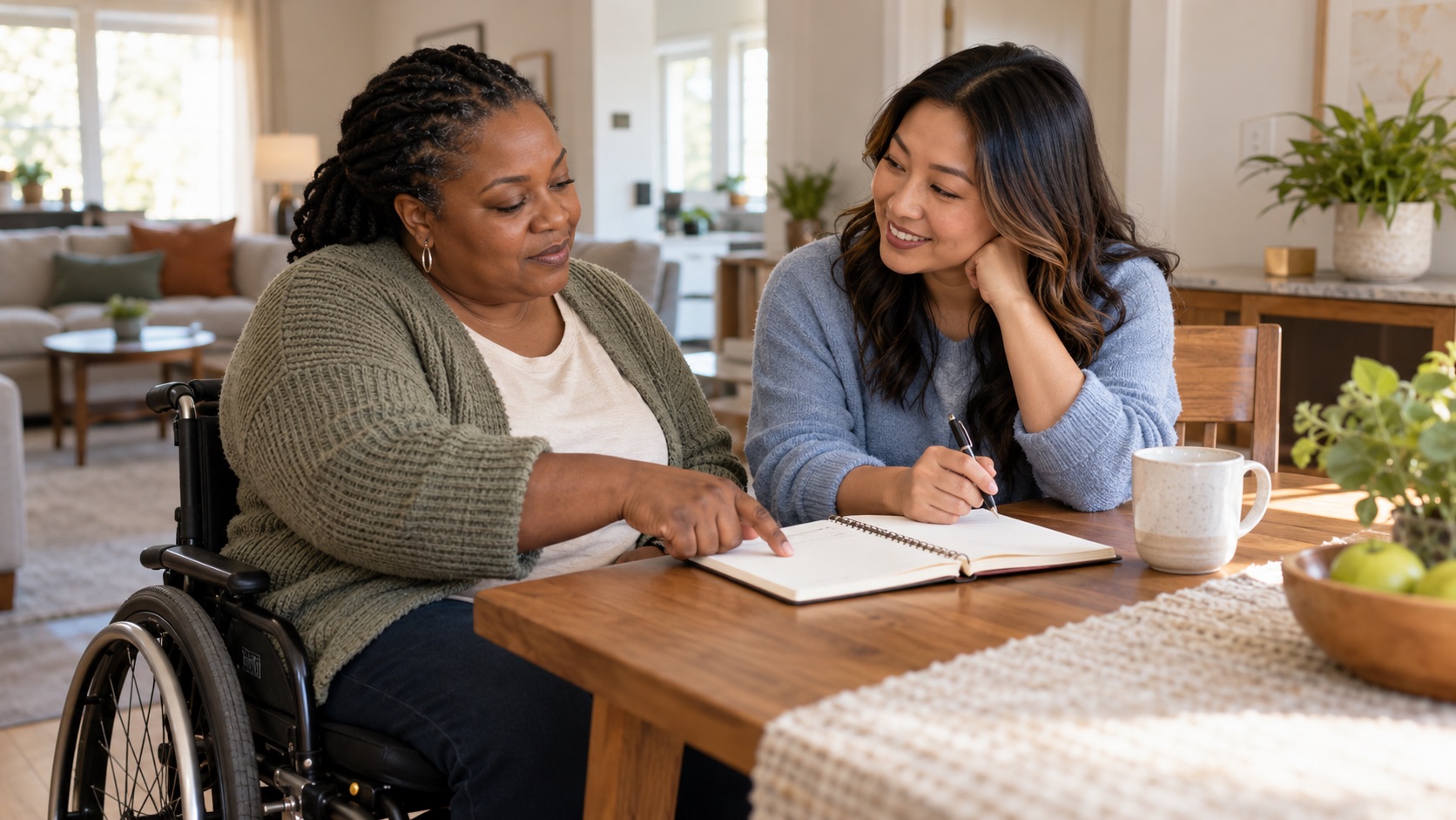 Caregiver helping a person with daily planning and goal setting
