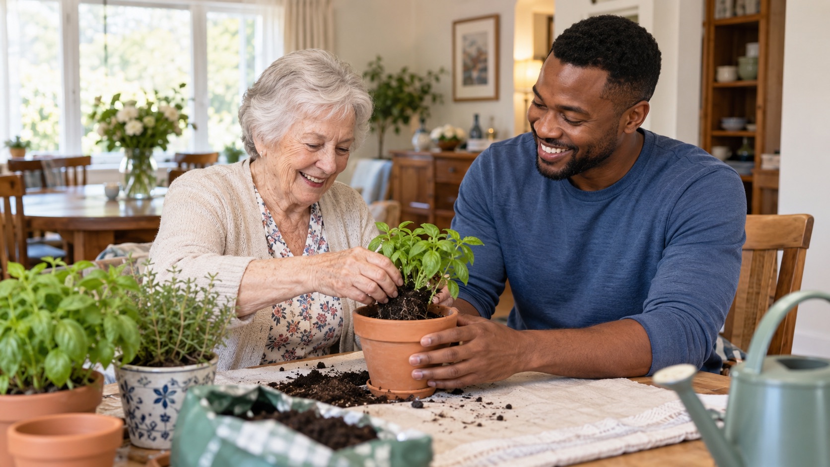 Caregiver and elderly woman gardening together at home